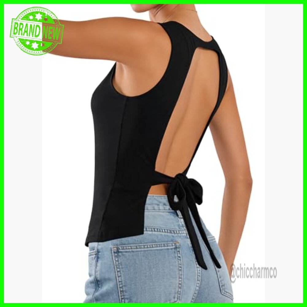 Sexy Open Back Tank Top with Tie Detail, Boat Neck, Slim Fit - Picture 2 of 6